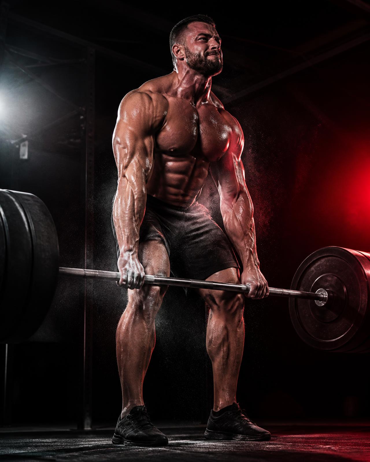 Muscular athlete deadlifting in a dark gym